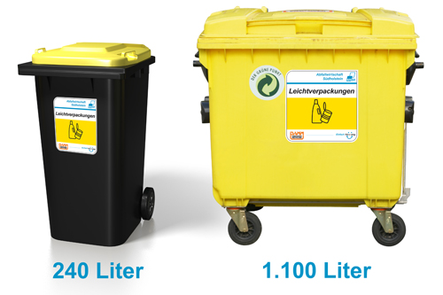 Abfallbehälter für Leichtverpackungen Gelber Tonnen: 240-Liter mit 2 Rädern und 1100 Liter mit 4 Rädern